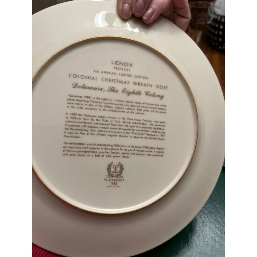 lenox colonial christmas wreath plate Delaware Eighth Colony 1988 Fruit Pine NIB